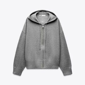 ZARA HOODED KNIT ZIP CARDIGAN SWEATER GRAY NWT SMALL